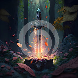 Fantasy sword in the forest. 3D illustration. Fantasy landscape.