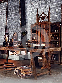 Fantasy table and chair in a wizard\'s study