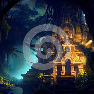 Fantasy temple in tropical forest at night, old building ruins in jungle, Surreal mystical fantasy artwork. Generative AI