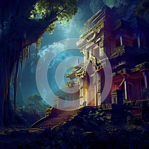 Fantasy temple in tropical forest at night, old building ruins in jungle, Surreal mystical fantasy artwork. Generative AI