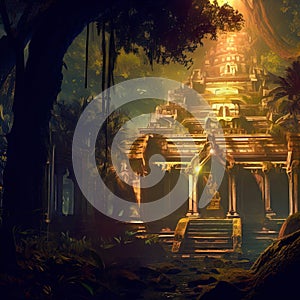 Fantasy temple in tropical forest at night, old building ruins in jungle, Surreal mystical fantasy artwork. Generative AI