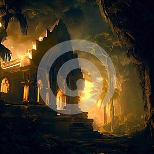 Fantasy temple in tropical forest at night, old building ruins in jungle, Surreal mystical fantasy artwork. Generative AI