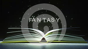 FANTASY text made of glowing letters vaporizing from open book. 3D rendering