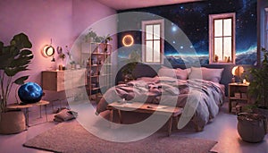 A fantasy-themed bedroom with neon lights resembling a starry night