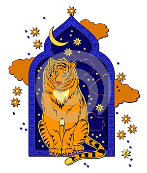 Fantasy tiger sitting on the window. Illustration for eastern legend. Cover for children fairy tale book. Print for t-shirts and