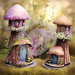 Fantasy tiny miniature mushroom shaped houses, children books cute illustration. Generative Ai