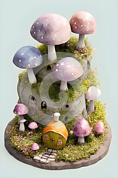 Fantasy tiny miniature mushroom shaped houses, children books cute illustration. Generative Ai