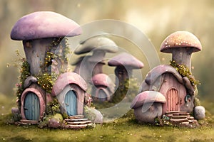 Fantasy tiny miniature mushroom shaped houses, children books cute illustration. Generative Ai