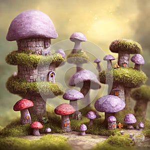 Fantasy tiny miniature mushroom shaped houses, children books cute illustration. Generative Ai