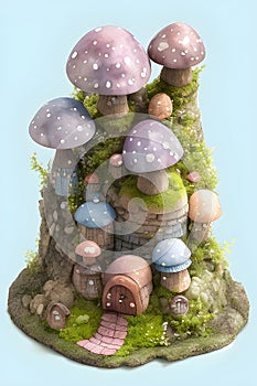 Fantasy tiny miniature mushroom shaped houses, children books cute illustration. Generative Ai