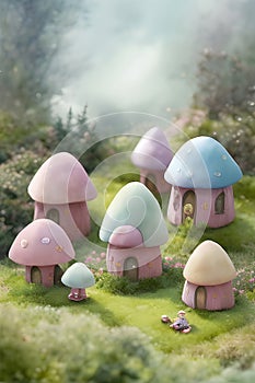 Fantasy tiny miniature mushroom shaped houses, children books cute illustration. Generative Ai