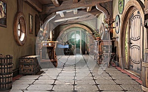 Fantasy tiny storybook style home interior cottage hallway background with rustic accents . photo