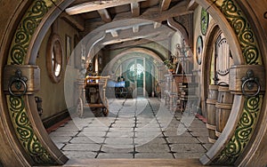 Fantasy tiny storybook style home interior cottage hallway background with rustic accents and a large round entrance.