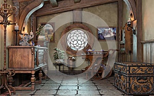 Fantasy tiny storybook style home interior cottage room background with rustic accents and a small round window.