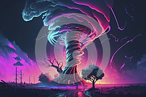 Fantasy tornado, neon colors, magic lights. Generative AI