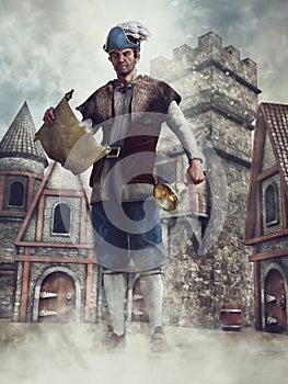 Fantasy town crier with a scroll and bell