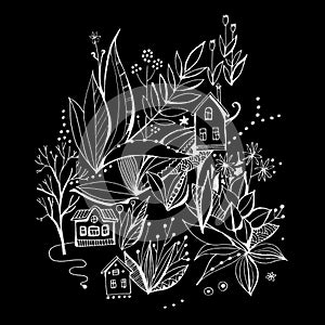 Fantasy town with houses among big flowers. Beautiful white drawing on black background