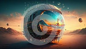 Fantasy train flying in the sky. 3d render illustration.