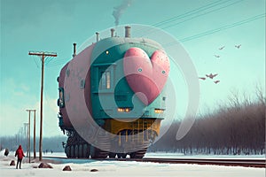 Fantasy train with valentine heart created with Generative AI. Valentine`s Day concept