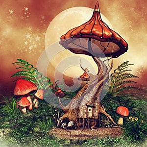 Fantasy tree cottage with mushrooms