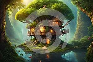 Fantasy tree house in deep forest.