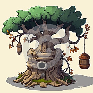 Fantasy tree house inside tree trunk isolated background illustration