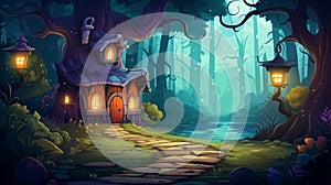 Fantasy tree house in the magical forest at night illustration AI Generated