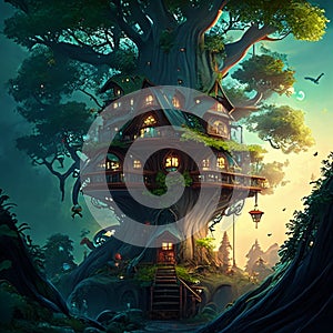 A fantasy tree house is a whimsical and magical structure nestled within the branches of a tree