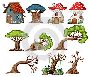 Fantasy Tree and Houses on White Background