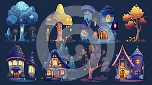 Fantasy tree, stone, and mushroom huts at night with a wooden door, porch, and illuminated windows. Modern cartoon