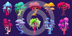 Fantasy trees. Magic forest plants, luminous glowing garden elements, fairytale flora, strange nature, UI game design