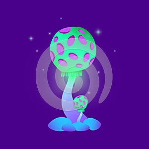 Fantasy trippy hallucinogen magic purple mushroom , vector cartoon icon. Toxic luminous fungus fairy tale or fantasy