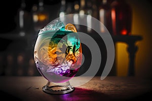 Fantasy tropical colorful cocktail in a glass on a bar counter with a blurred bar background, generative AI