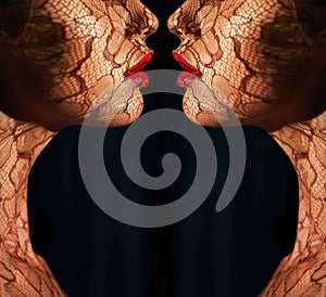 Fantasy. Two Women's Faces with Tracery Opposite each other. Reflexion photo