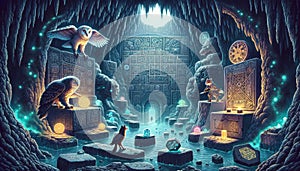 Fantasy underground cave with magical creatures and artifacts