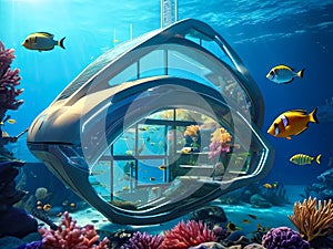 Fantasy underwater world with a castle building and swimming exotic fish