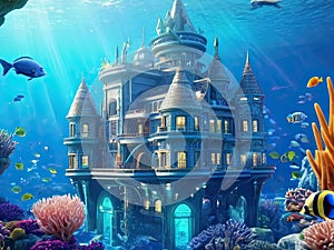 Fantasy underwater world with a castle building and swimming exotic fish