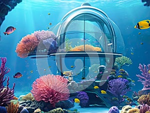 Fantasy underwater world with a castle building and swimming exotic fish