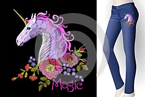 Fantasy unicorn embroidery patch sticker. Pink violet mane horse flower arrange poppy rose on blue woman jeans mockup