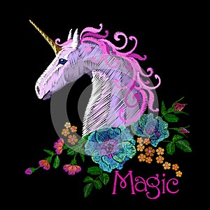 Fantasy unicorn embroidery patch sticker. Pink violet mane horse flower arrange poppy rose ornament. Cartoon badge magic