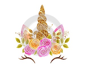 Fantasy Unicorn with golden gilded and glittering horn and roses flowers wreath, fabulous cute baby pony isolated on white photo