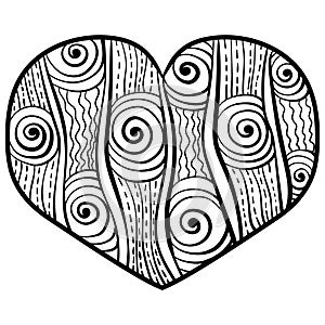 Fantasy valentine heart with vertical striped motifs and spirals, coloring page for creative activity