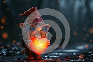 A fantasy Valentine's gnome in a red pointed hat , holding a large red heart that glows.