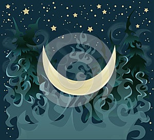 Fantasy vector illustration with moon, magic forest and smoke in the darkness