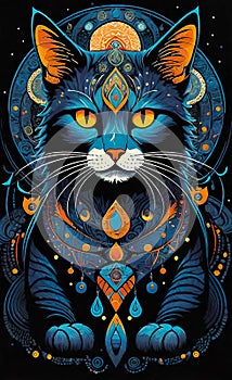 Fantasy vector image of a cat in ethnic patterns, backgrounds for smartphones, basis for printing and design