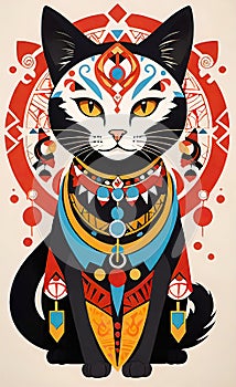 Fantasy vector image of a cat in ethnic patterns, backgrounds for smartphones, basis for printing and design