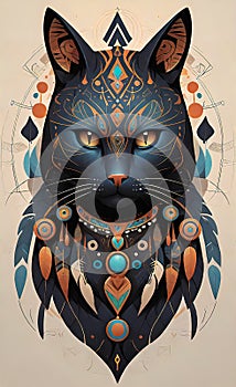 Fantasy vector image of a cat in ethnic patterns, backgrounds for smartphones, basis for printing and design