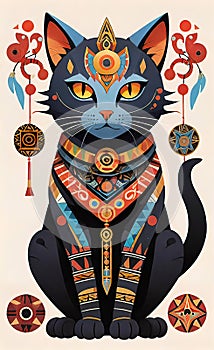 Fantasy vector image of a cat in ethnic patterns, backgrounds for smartphones, basis for printing and design