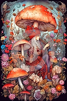 Fantasy vertical watercolor illustration. Fairy tale girl gnome under mushroom in the forest. Whimsical artwork. Generative AI