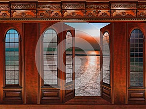 Fantasy view of an antique wooden wall panel with high windows and a French door, overlooking the sea and a setting sun.